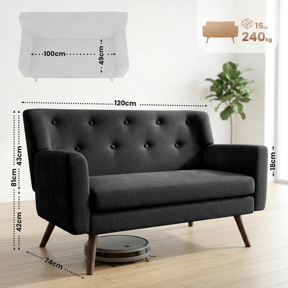 2-zitsbank Kioni met ribcord bekleding | Kleur: Zwart | Afmetingen: 120x74x81 cm