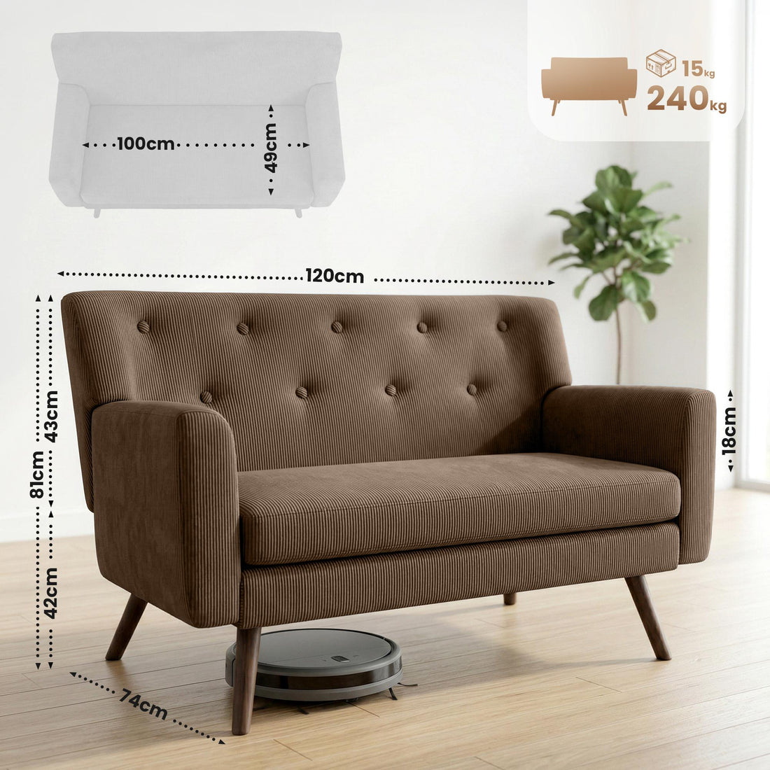 Kioni 2-zitsbank met ribcord bekleding | Kleur: donkerbruin | Afmetingen: 120x74x81 cm