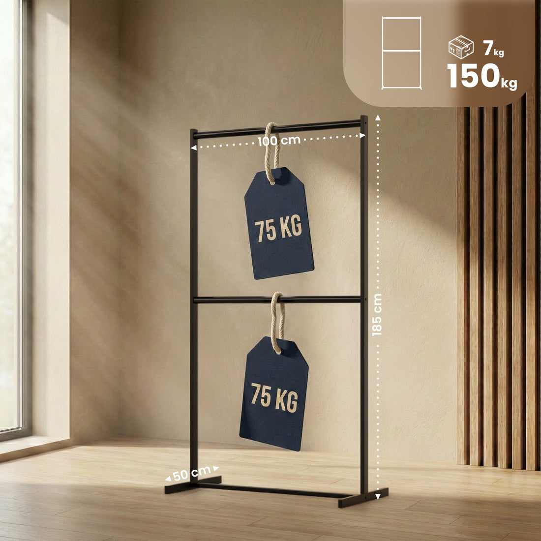 Helga kledingrek met 2 niveaus | Kleur: zwart | Afmetingen: 100x50x185 cm