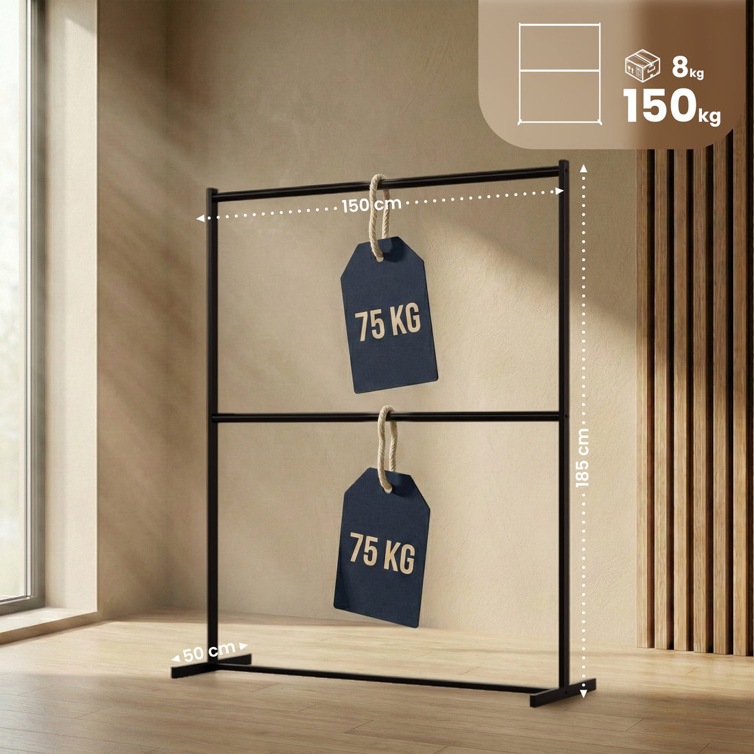 Helga kledingrek met 2 niveaus | Kleur: zwart | Afmetingen: 150x50x185 cm