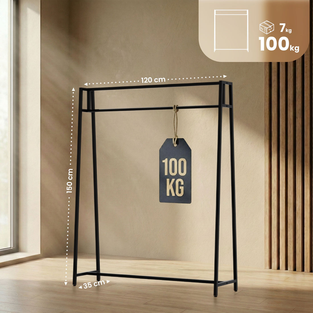 Kledingrek Ingar - Industrieel kledingrek | Kleur: Zwart | Afmetingen: 120x35x150 cm