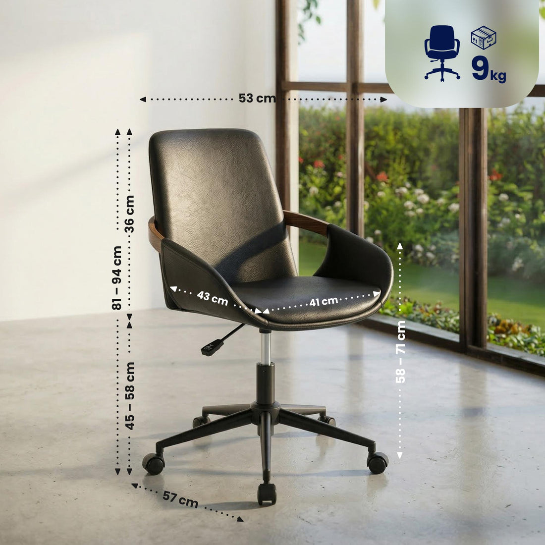 Daina bureaustoel met armleuningen | Kleur: walnoot/zwart | Afmetingen: 53x57x81 cm