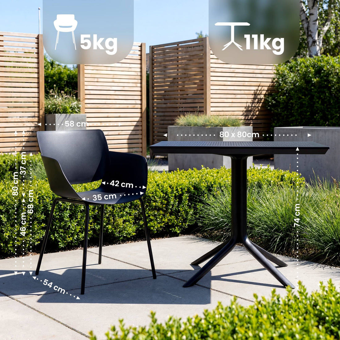 Lirra tuinmeubelset met 4 stoelen | Kleur: zwart | Afmetingen: 196x80x80 cm