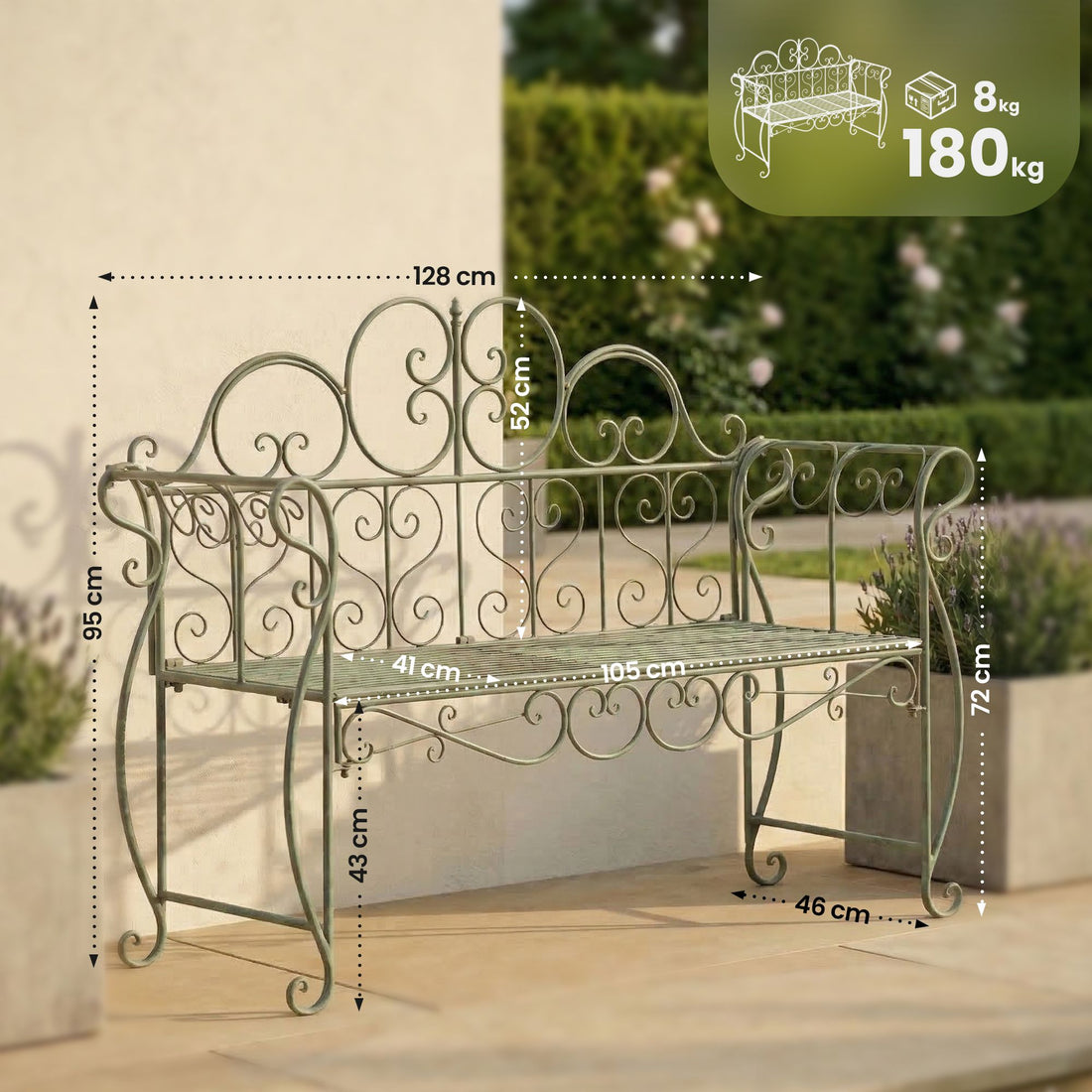 Tuinbank Minna - Metalen Art Nouveau tuinbank | Kleur: antiek/groen | Afmetingen: 128x46x94 cm