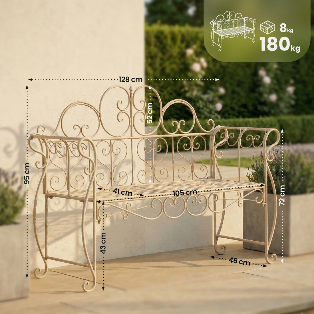 Tuinbank Minna - Metalen Art Nouveau-bank | Kleur: antiek/creme | Afmetingen: 128x46x94 cm