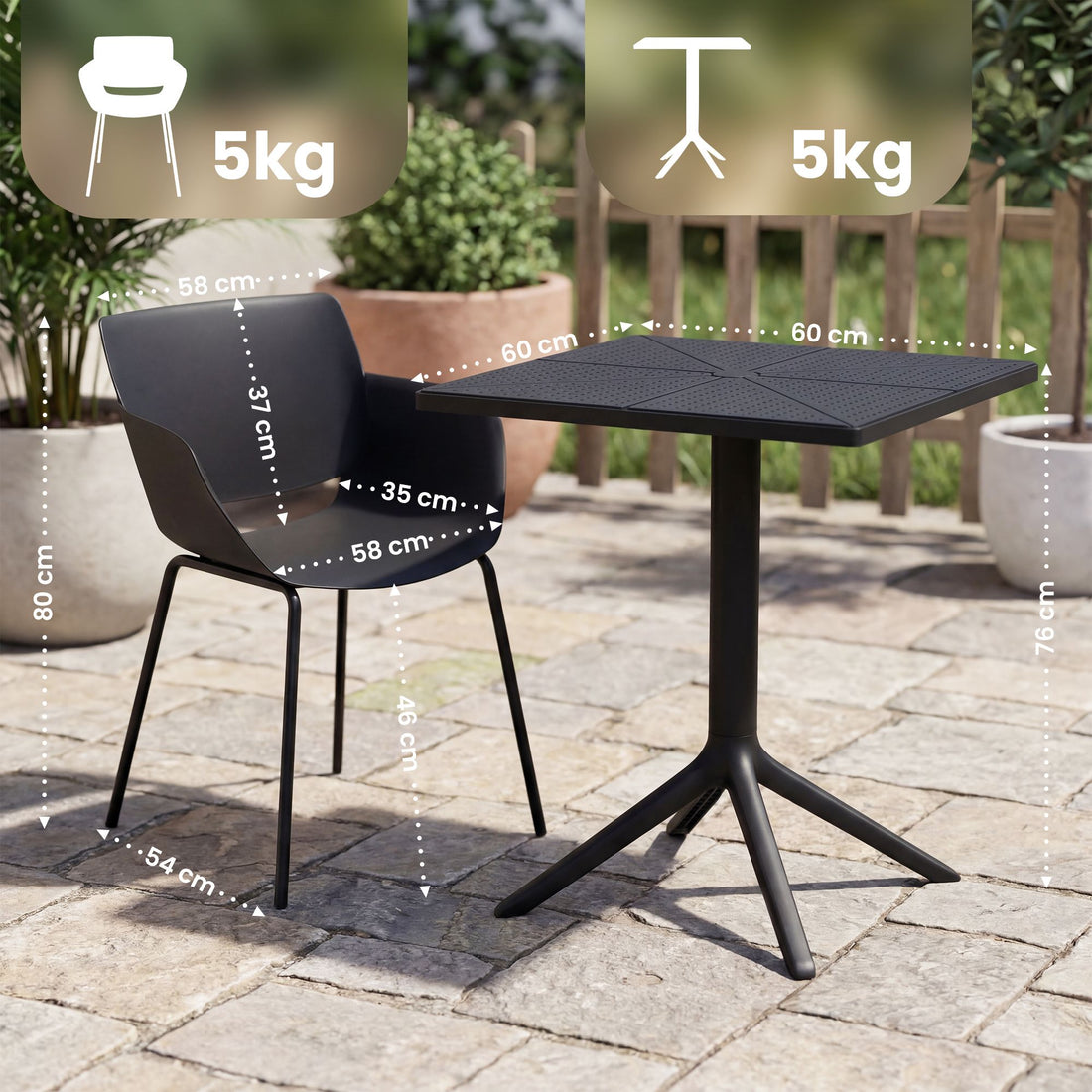 Gartenset Norva mit 4 Stühlen | Farbe: Schwarz | Maße: 168x168x80 cm