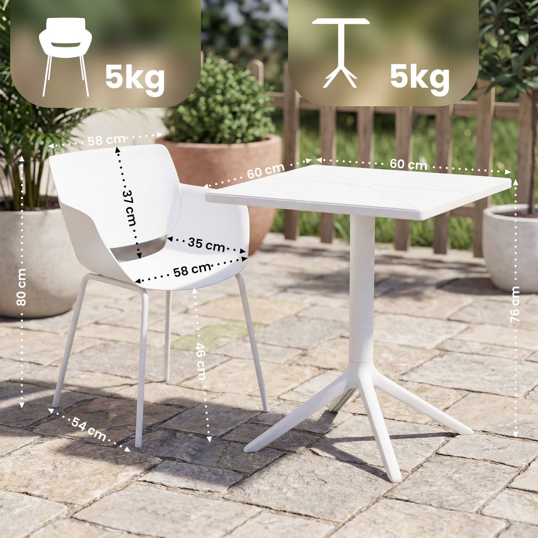 Tuinmeubelset Norva met 2 stoelen | Kleur: Wit | Afmetingen: 168x60x80 cm