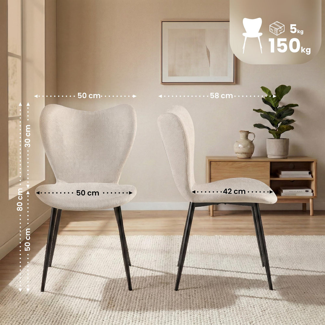 Set van 2 Maika eetkamerstoelen | Kleur: Creme | Afmetingen: 50x58x80 cm