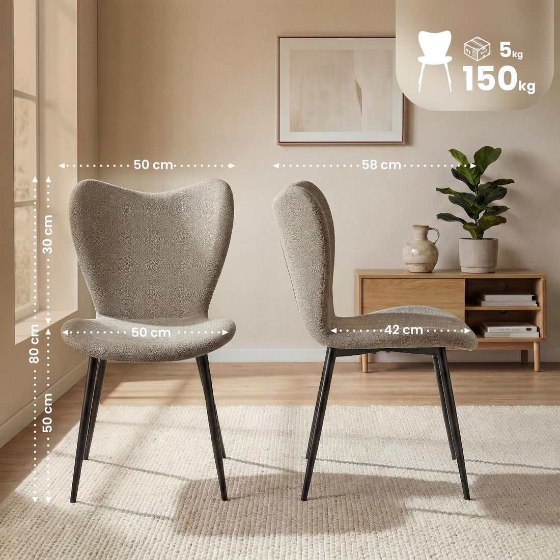 Set van 2 Maika eetkamerstoelen | Kleur: Taupe | Afmetingen: 50x58x80 cm