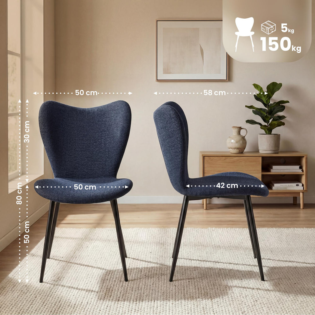 Set van 2 Maika eetkamerstoelen | Kleur: Blauw | Afmetingen: 50x58x80 cm