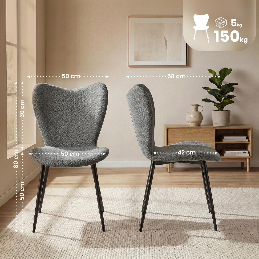 Set van 2 Maika eetkamerstoelen | Kleur: Grijs | Afmetingen: 50x58x80 cm