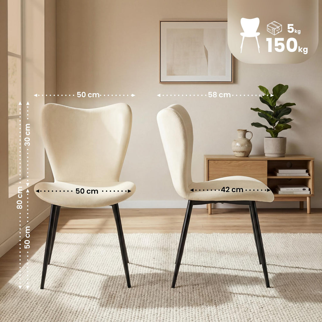 Set van 2 Maika eetkamerstoelen | Kleur: creme | Afmetingen: 50x58x80 cm