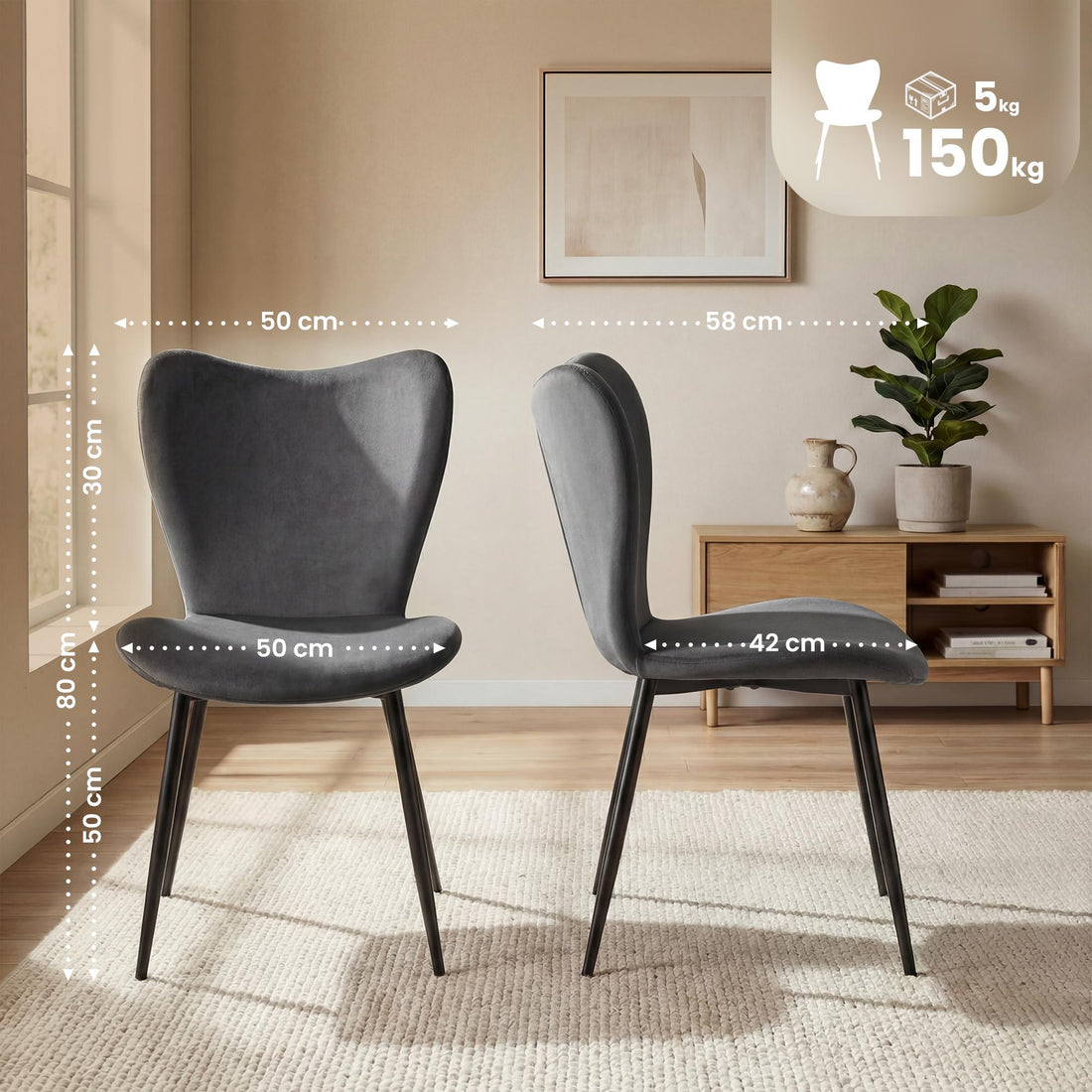 Set van 2 Maika eetkamerstoelen | Kleur: donkergrijs | Afmetingen: 50x58x80 cm