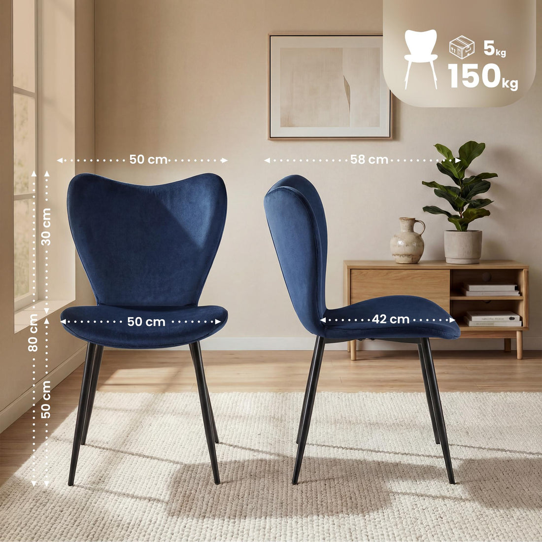 Set van 2 Maika eetkamerstoelen - Gestoffeerd | Kleur: Donkerblauw | Afmetingen: 50x58x80 cm