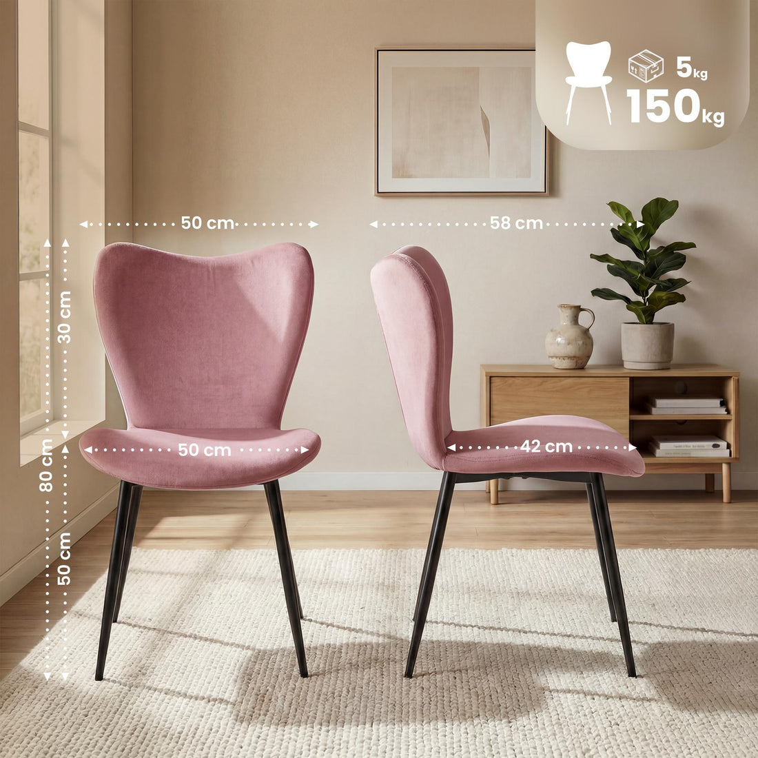 Set van 2 Maika eetkamerstoelen - Gestoffeerd | Kleur: Roze | Afmetingen: 50x58x80 cm