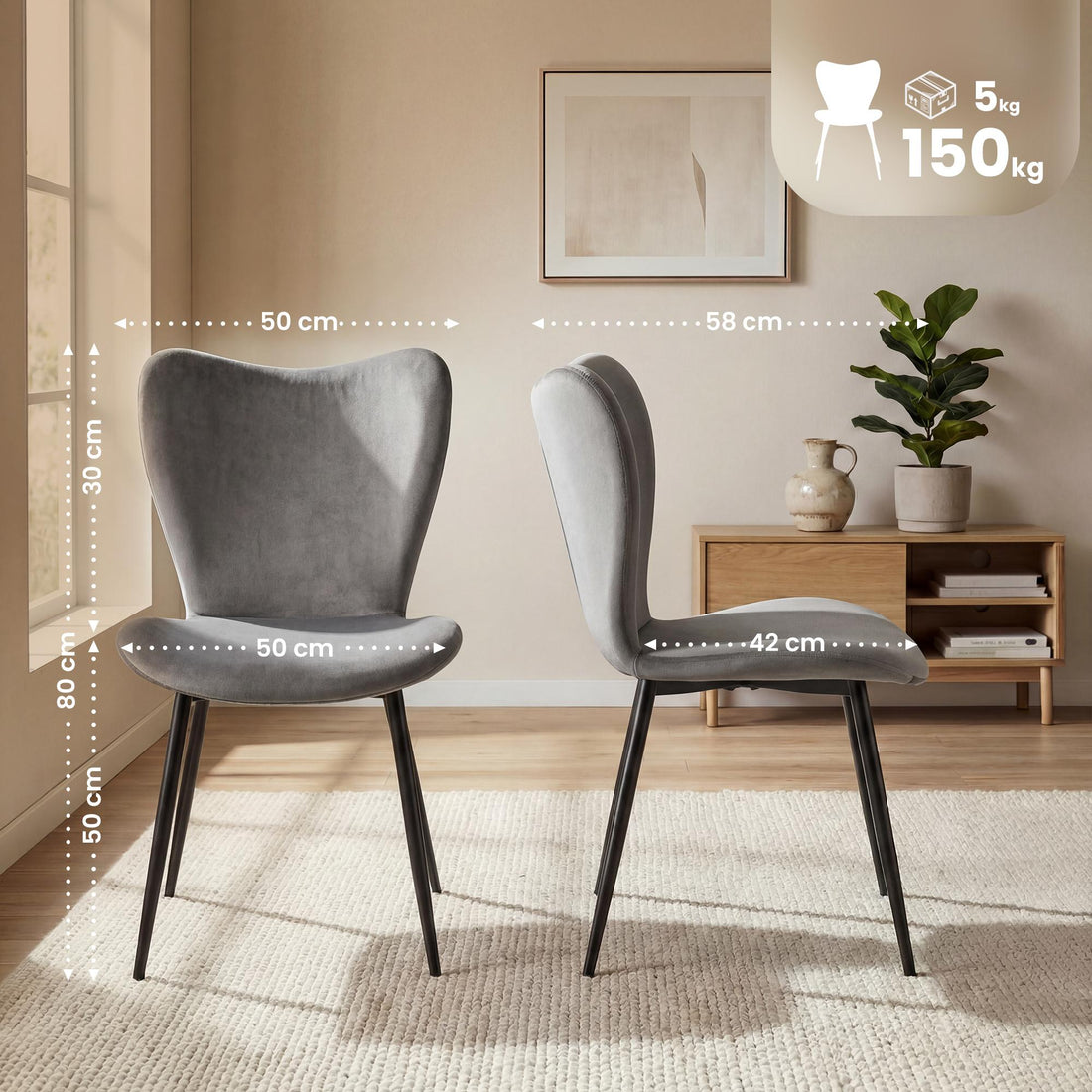 Set van 2 Maika eetkamerstoelen | Kleur: grijs | Afmetingen: 50x58x80 cm