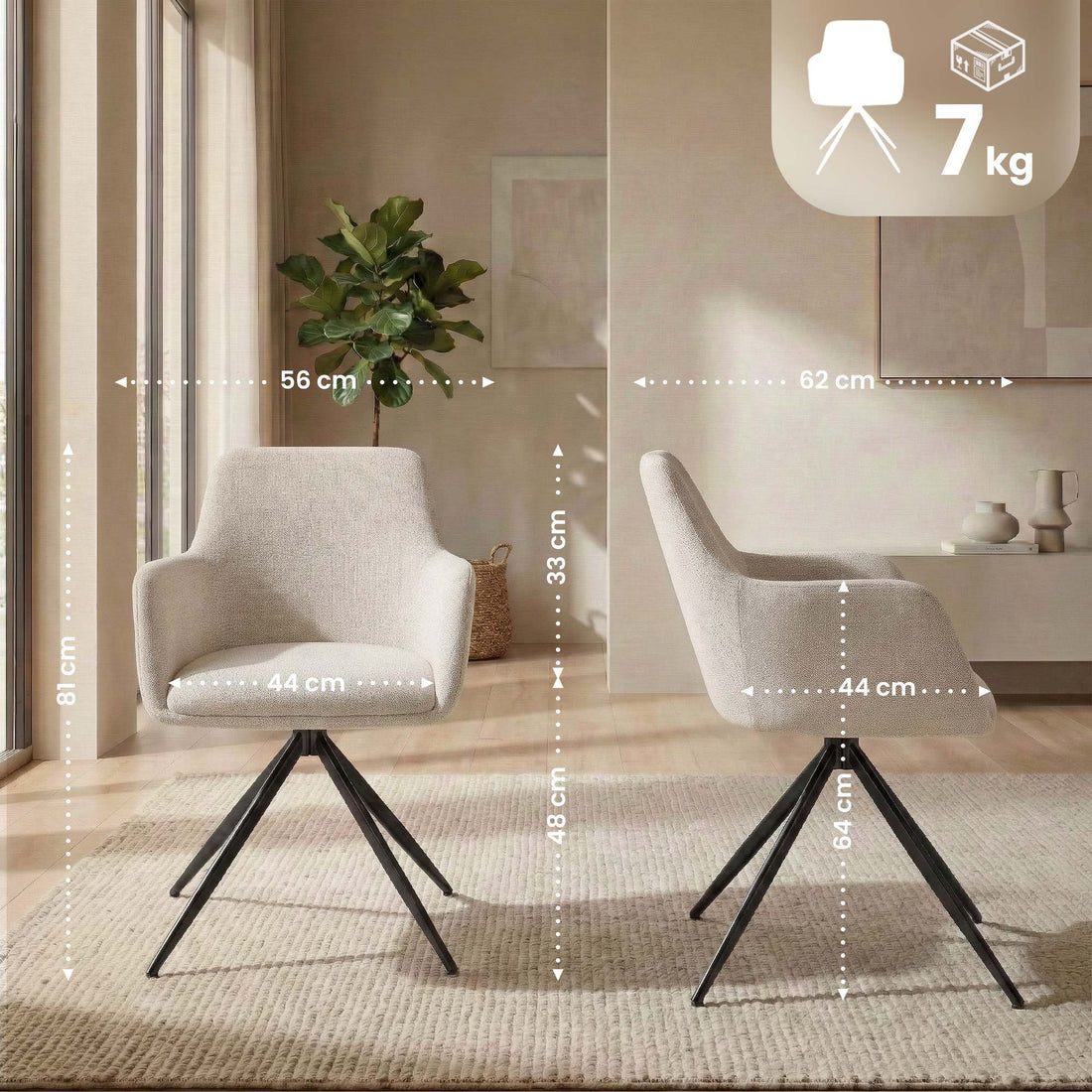 2er-Set Olema Esszimmerstühle mit Stoffbezug | Farbe: Creme | Maße: 56x62x81 cm