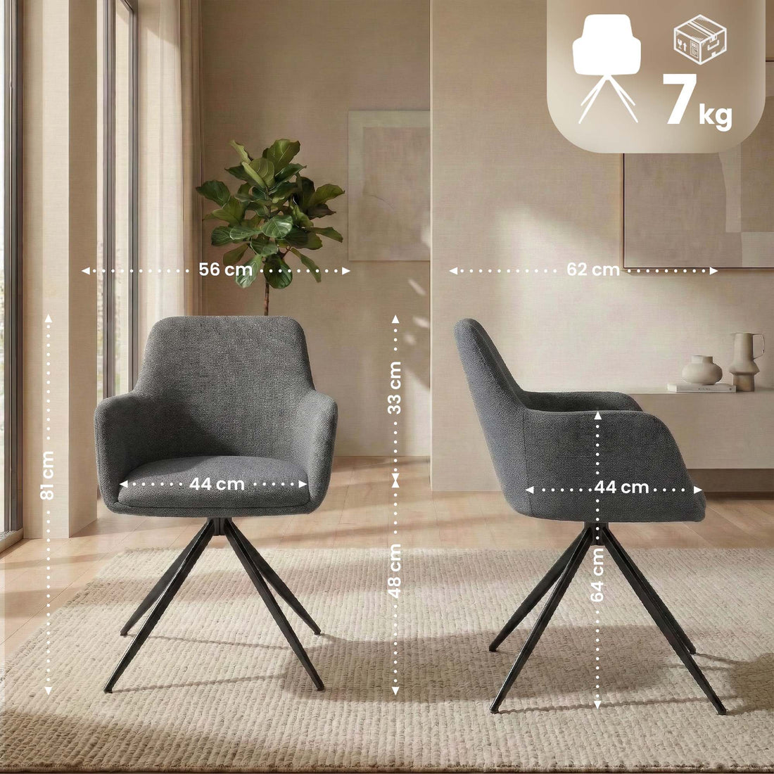 Set van 2 Olema eetkamerstoelen - Draaibaar | Kleur: grijs | Afmetingen: 56x62x81 cm