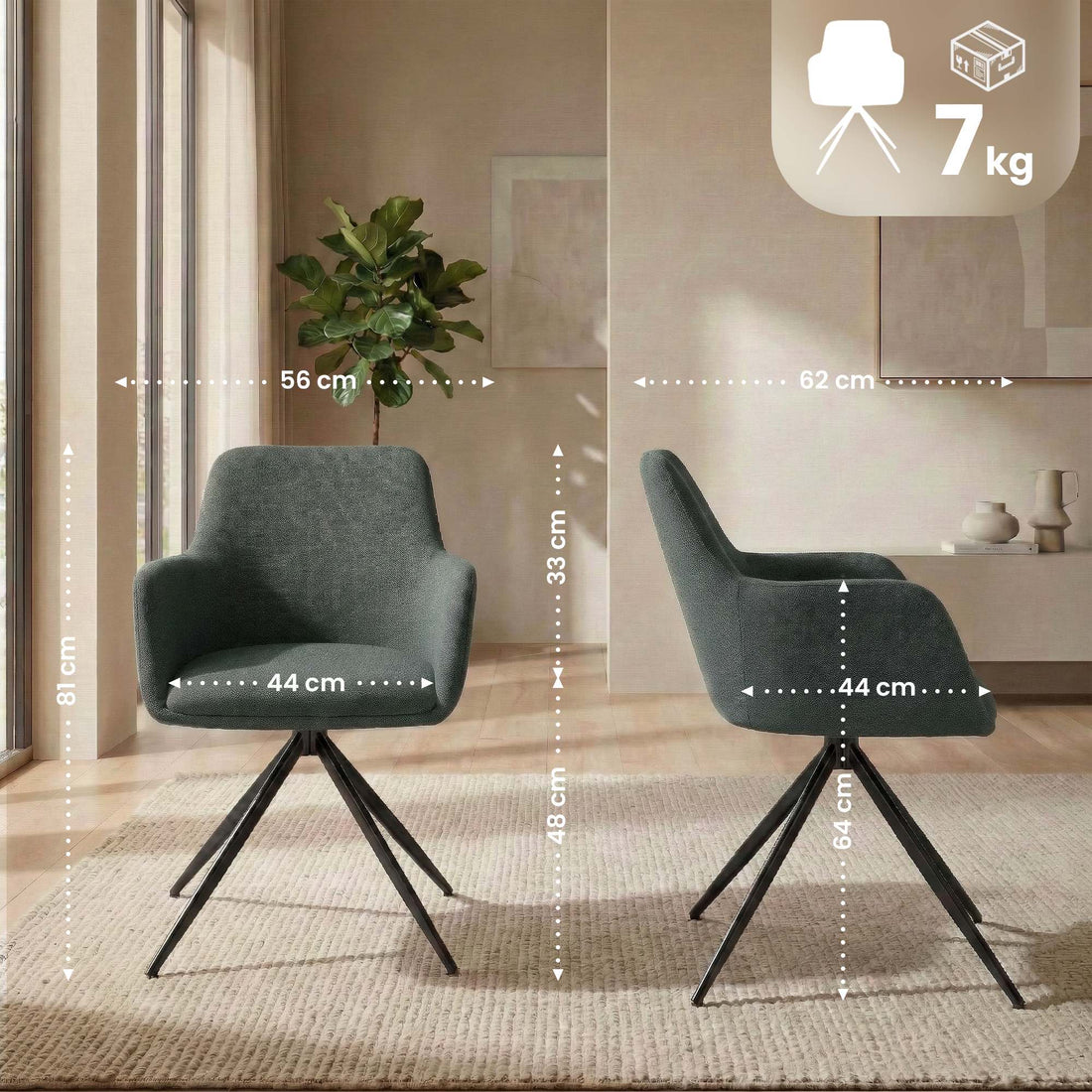 Set van 2 Olema eetkamerstoelen - 180° draaibaar | Kleur: groen | Afmetingen: 56x62x81 cm