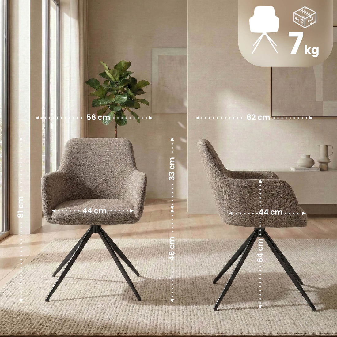 Set van 2 Olema eetkamerstoelen - Draaibaar | Kleur: Taupe | Afmetingen: 56x62x81 cm