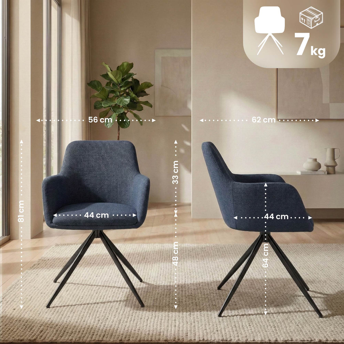 2er-Set Olema Esszimmerstühle - drehbar | Farbe: Blau | Abmessungen: 56x62x81 cm