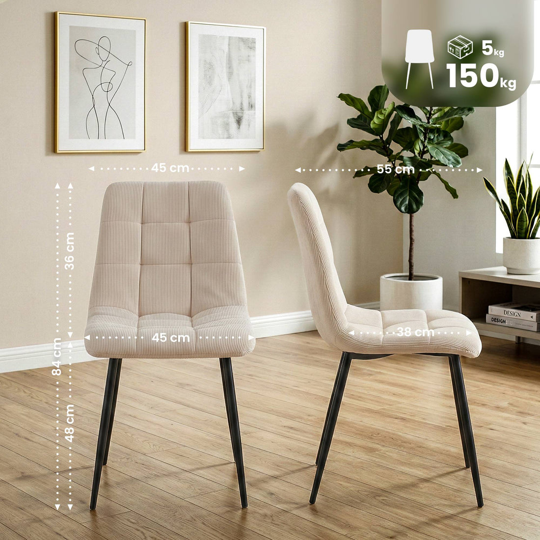 2er Set Esszimmerstühle Antibes Ribstoff | Farbe: creme | Maße: 45x55x84 cm