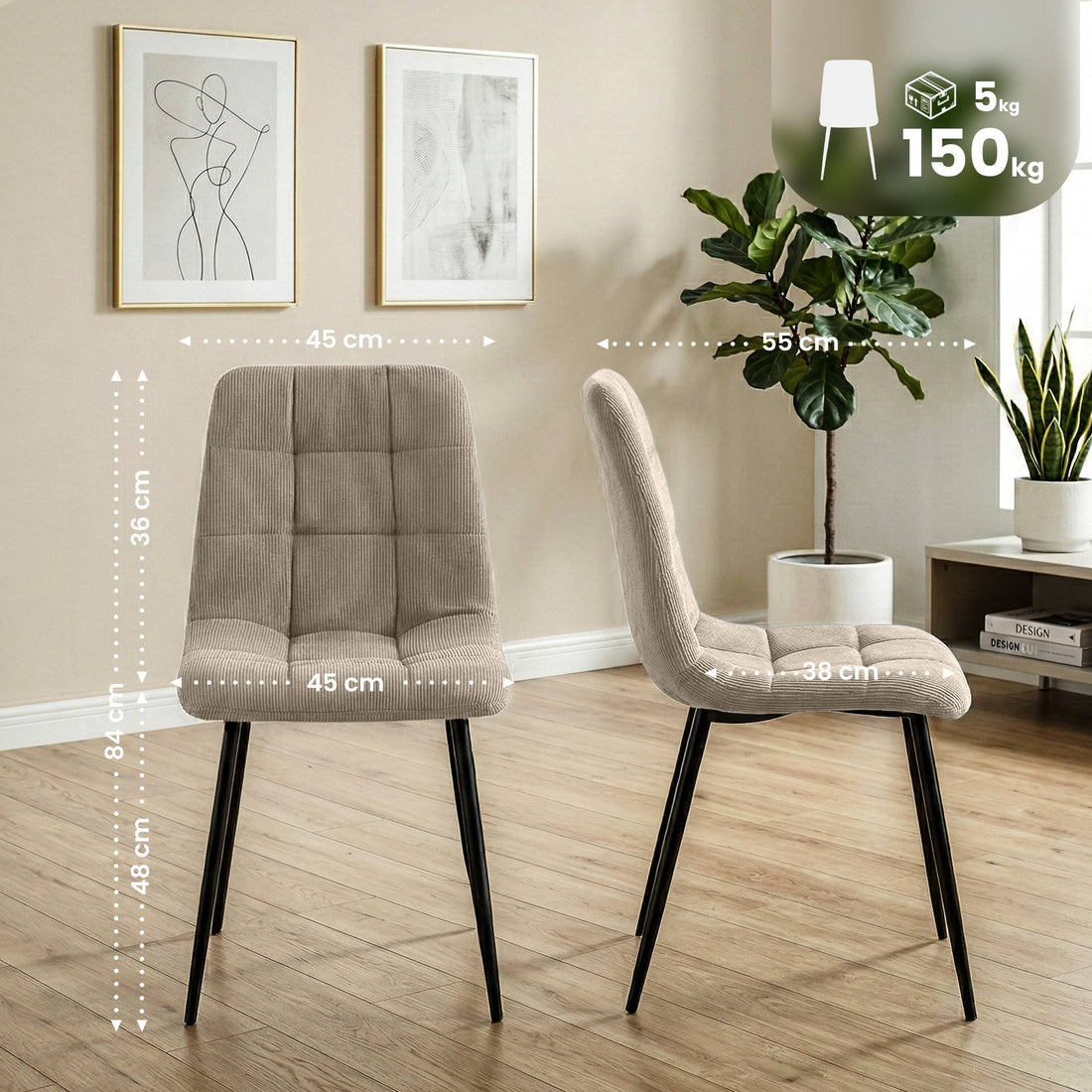 2er Set Esszimmerstühle Antibes Cordstoff | Farbe: Taupe | Maße: 45x55x84 cm