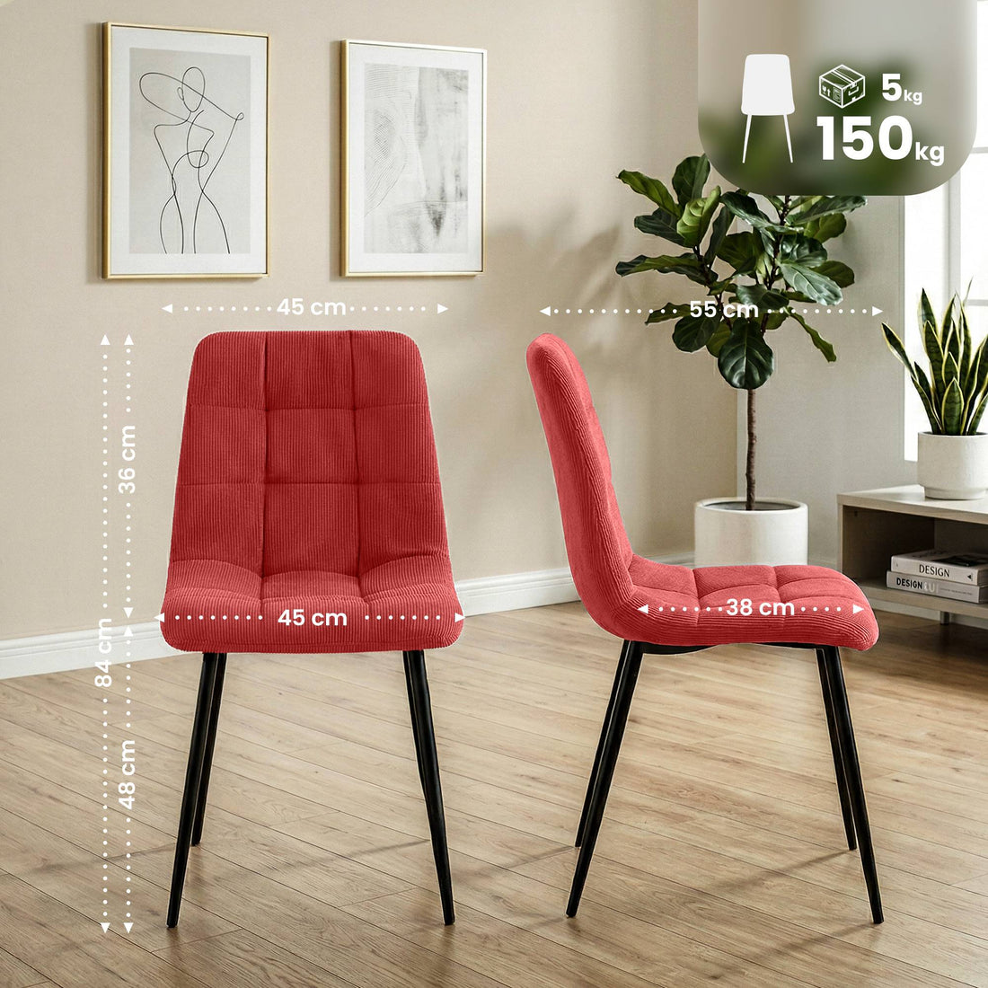 2 Esszimmerstühle Antibes Cordstoff | Farbe: Bordeauxrot | Abmessungen: 45x55x84 cm