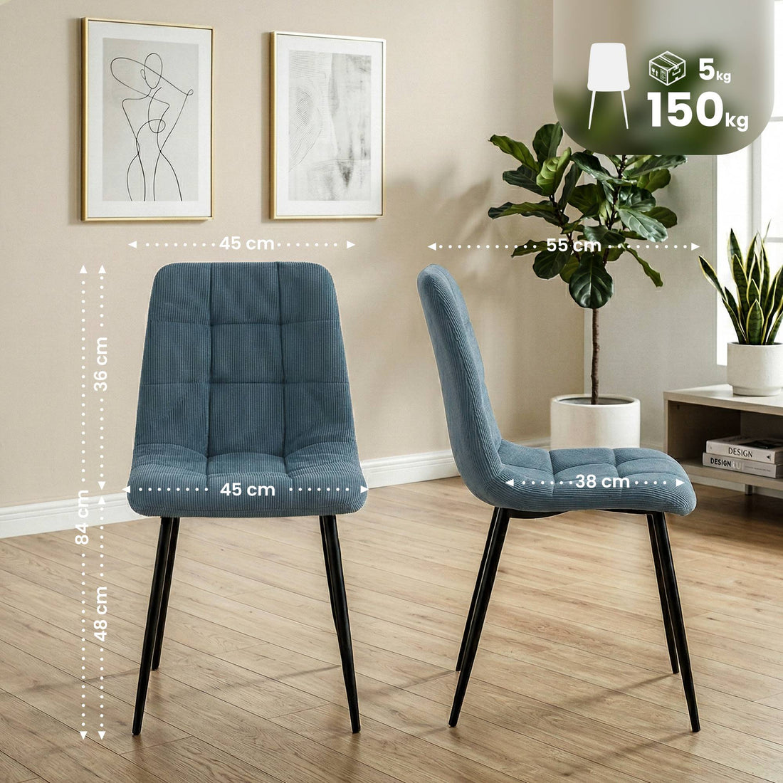 2er Set Esszimmerstühle Antibes Cordstoff | Farbe: Blau | Abmessungen: 45x55x84 cm
