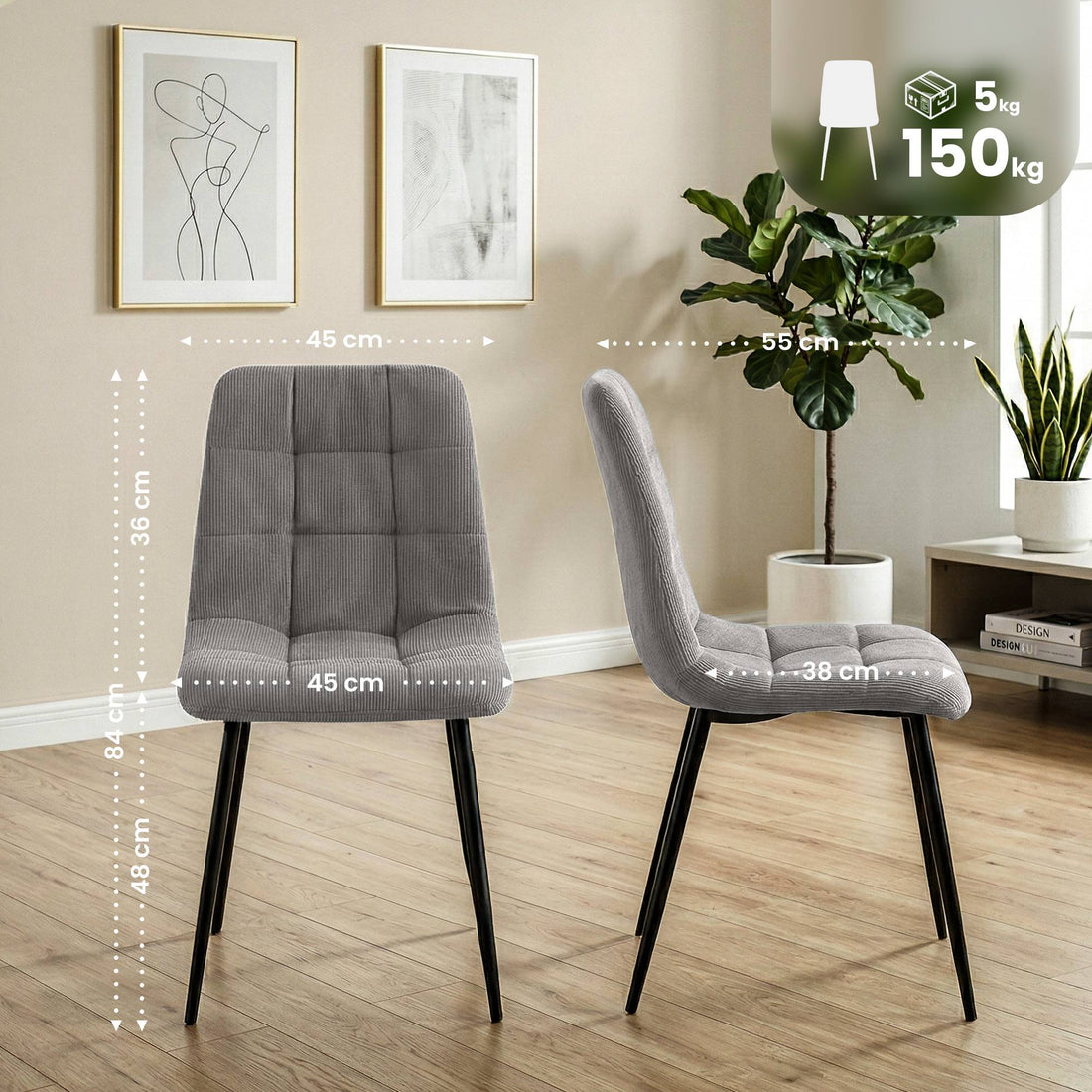 Set van 2 eetkamerstoelen Antibes ribstof | Kleur: Grijs | Afmetingen: 45x55x84 cm