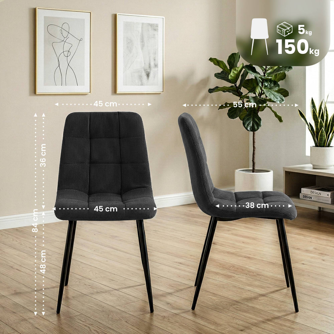 2er Set Esszimmerstühle Antibes Ribstoff | Farbe: Schwarz | Abmessungen: 45x55x84 cm