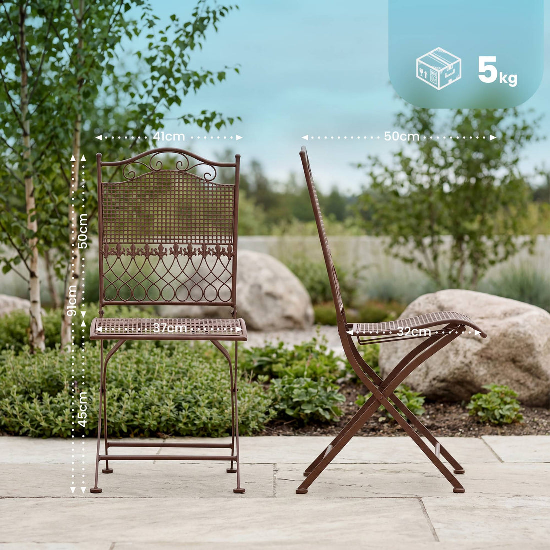 Tuinstoel Kiran - Opvouwbare metalen stoel | Kleur: antiek bruin | Afmetingen: 41x50x91 cm