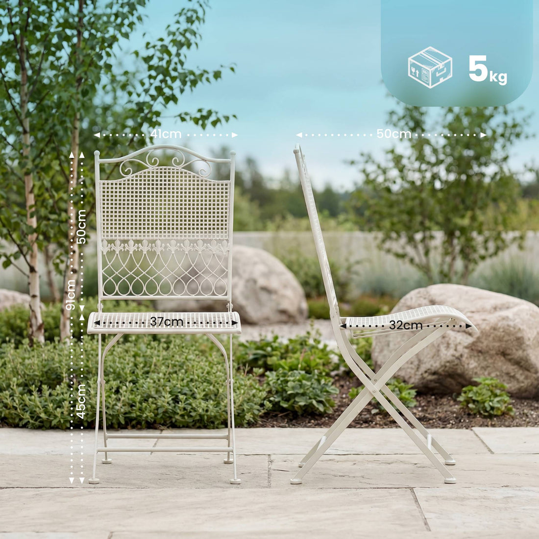 Tuinstoel Kiran - Opvouwbare metalen tuinstoel | Kleur: Wit | Afmetingen: 41x50x91 cm