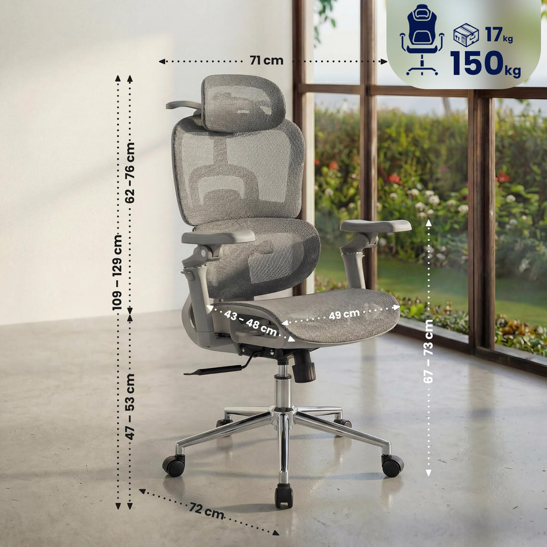 Jenson ergonomische bureaustoel met hoofdsteun | Kleur: grijs | Afmetingen: 71x72x109 cm