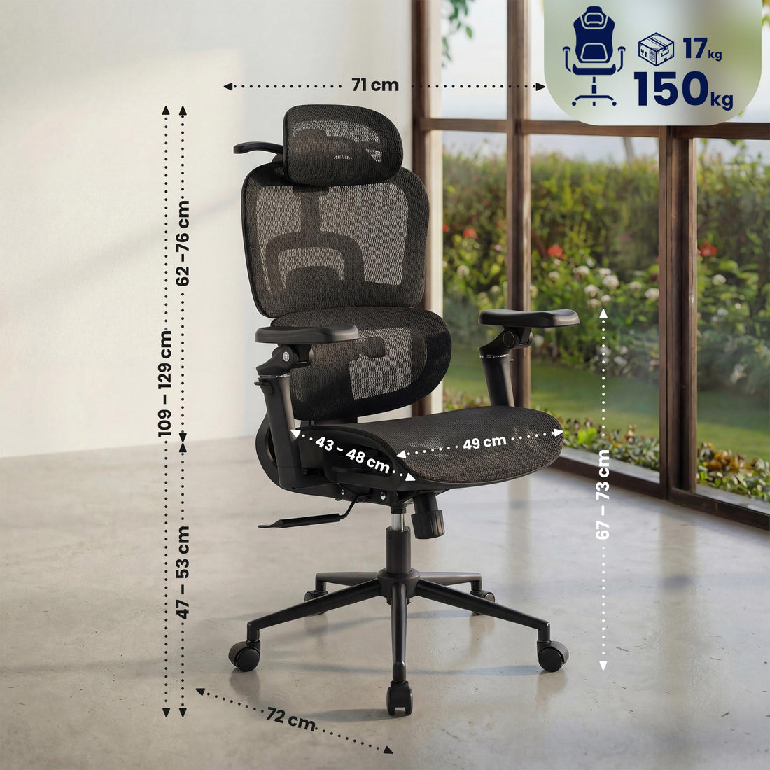 Jenson ergonomische bureaustoel met hoofdsteun | Kleur: zwart | Afmetingen: 71x72x109 cm