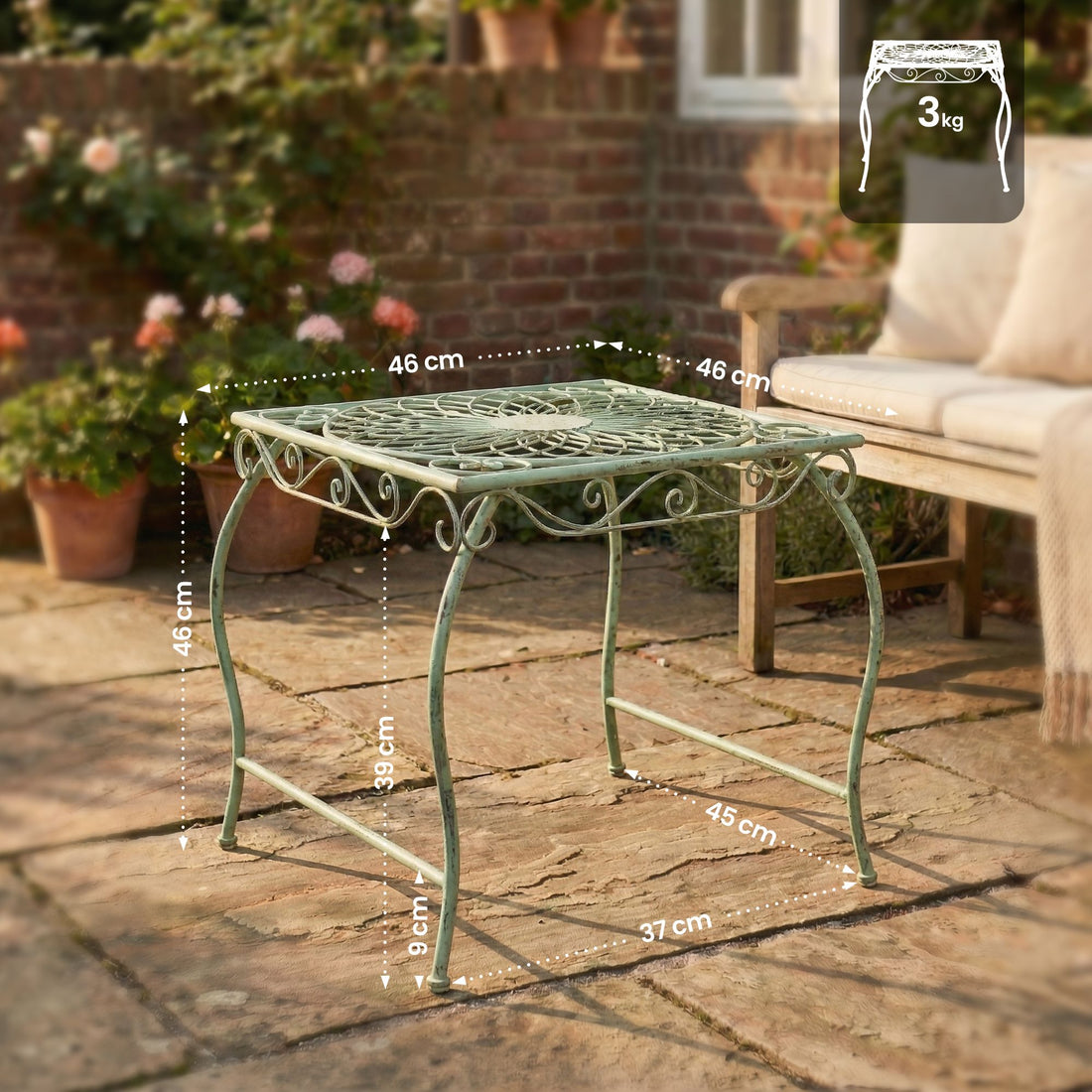 Tuintafel Zarina - Art-nouveau bijzettafel | Kleur: antiek/groen | Afmetingen: 49x45x46 cm
