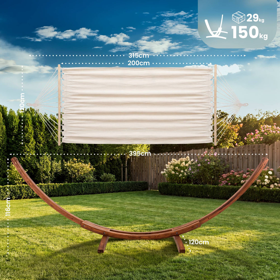 Hangmat Miramar met eucalyptushouten standaard | Kleur: creme | Afmetingen: 120x400x107 cm