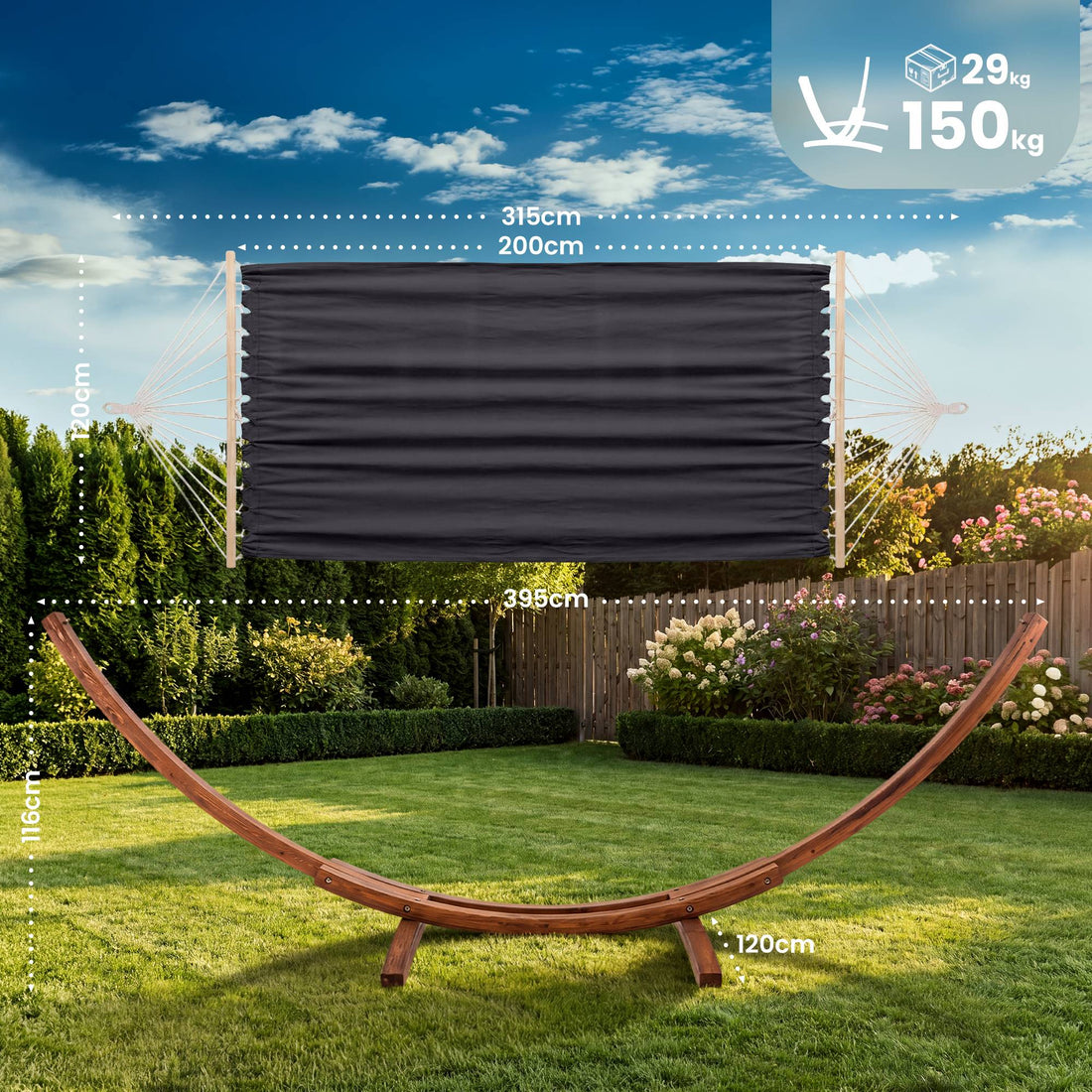 Hangmat Miramar met eucalyptushouten standaard | Kleur: grijs | Afmetingen: 120x400x107 cm