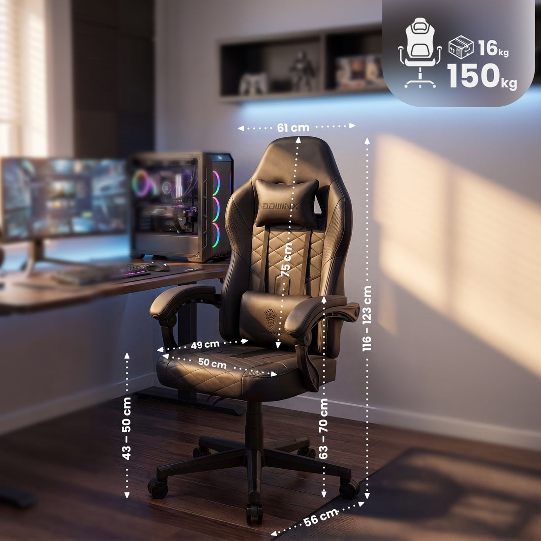 Gaming Bureaustoel Collins | Kleur: zwart | Afmetingen: 61x56x116 cm