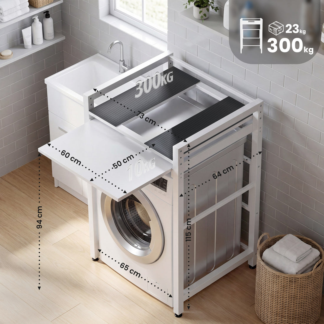 Wasmachinerek Alara met uittrekplateau | Kleur: wit | Afmetingen: 60x60x180 cm