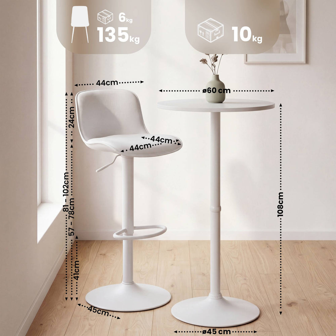 Bartisch-Set Samt - Runder Bartisch mit 2 Barhockern | Farbe: Weiß | Abmessungen: 148x45x108 cm