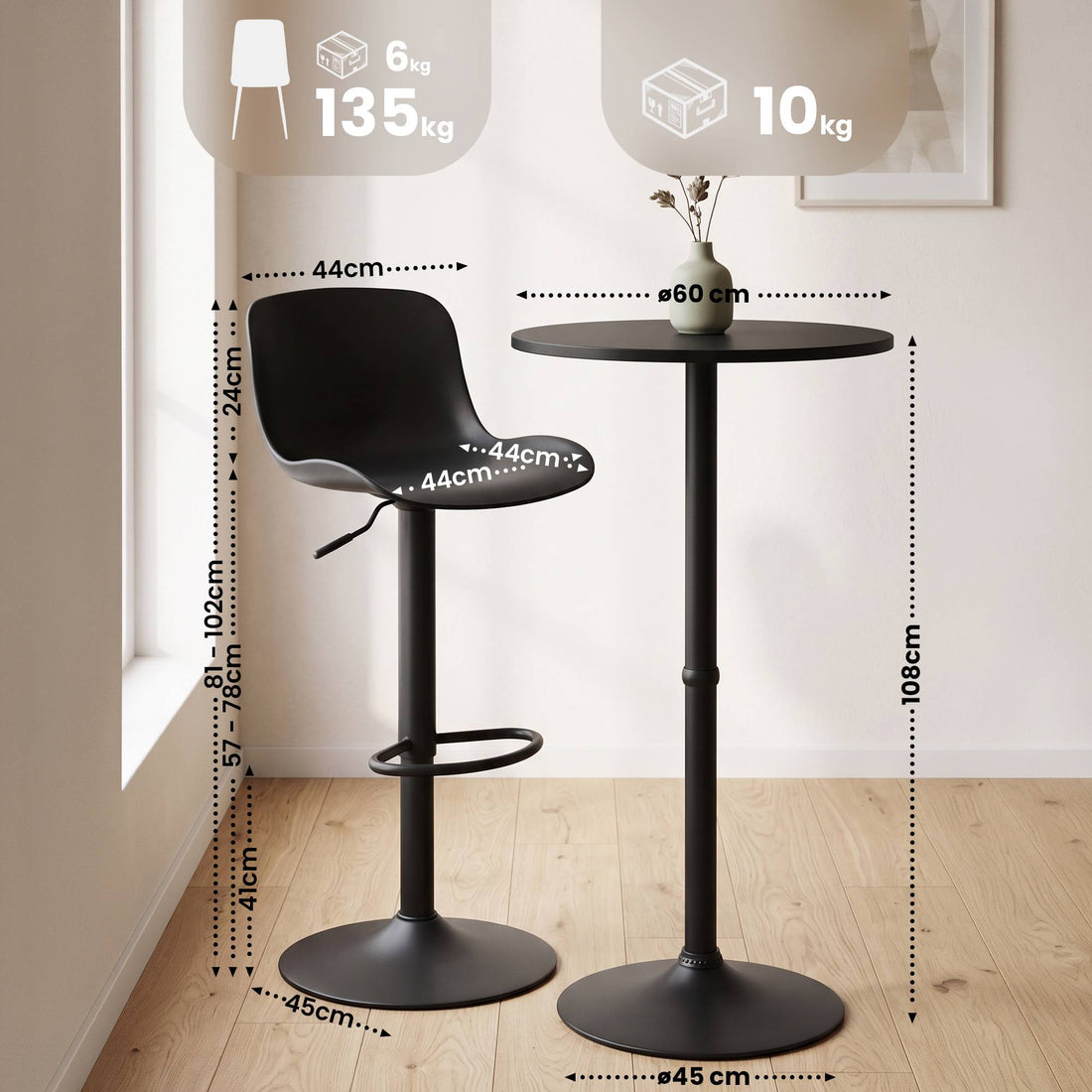 Bartisch-Set Velours - Runder Bartisch mit 2 Barhockern | Farbe: Schwarz | Abmessungen: 148x45x108 cm