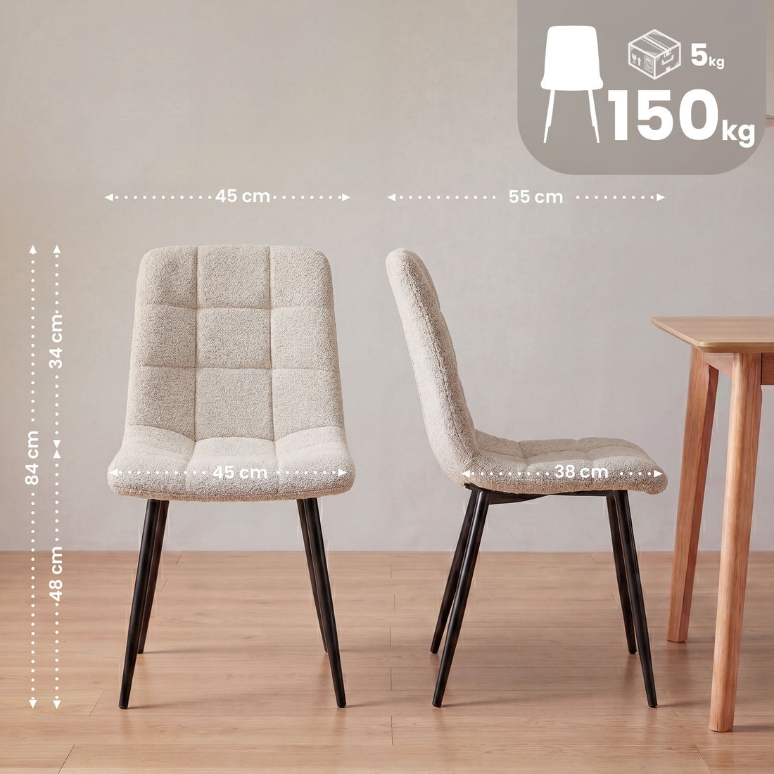 Eetkamerstoel Antibes Teddystof | Kleur: Creme | Afmetingen: 45x55x84 cm