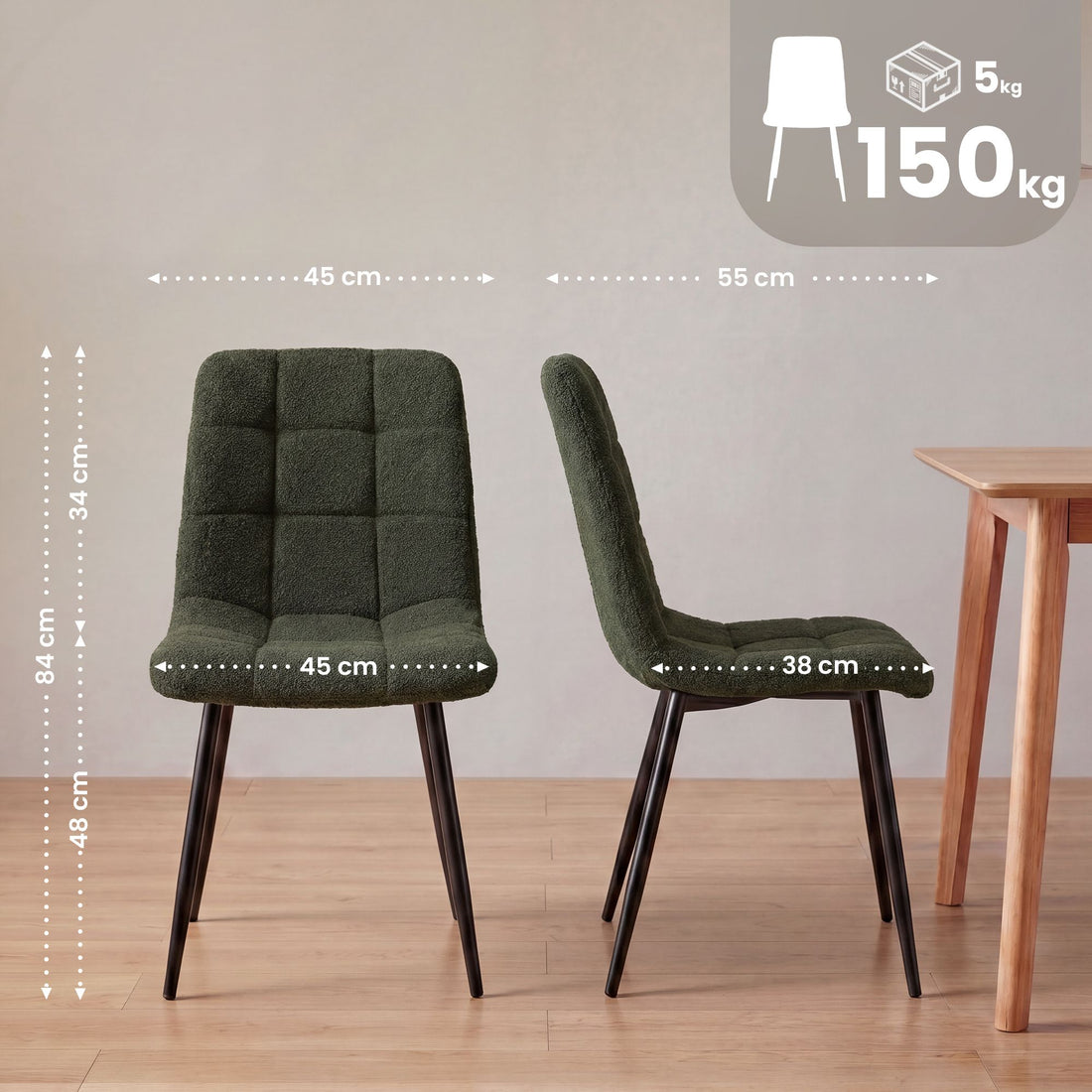 Eetkamerstoel Antibes Teddystof | Kleur: groen | Afmetingen: 45x55x84 cm