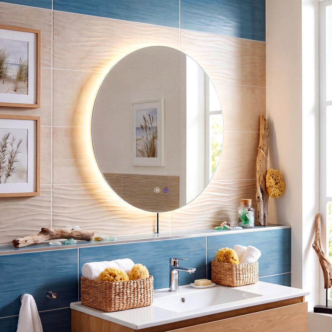 Badezimmerspiegel Vendula mit LED-Beleuchtung | Farbe: Klar/Glas | Abmessungen: 70x3x70 cm