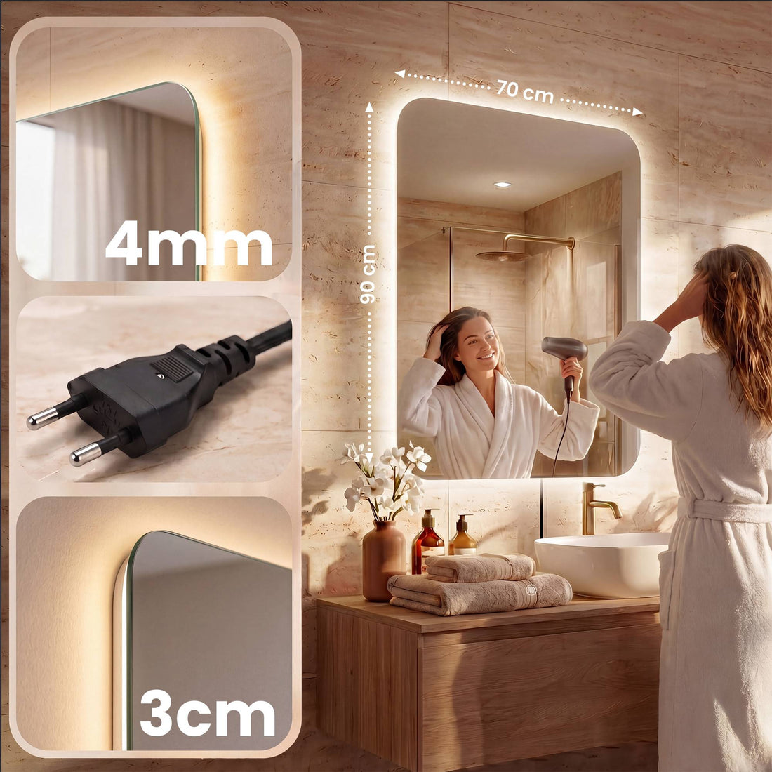 LED-badkamerspiegel Palmiro met anti-condens | Kleur: helder/glas | Afmetingen: 70x3x90 cm