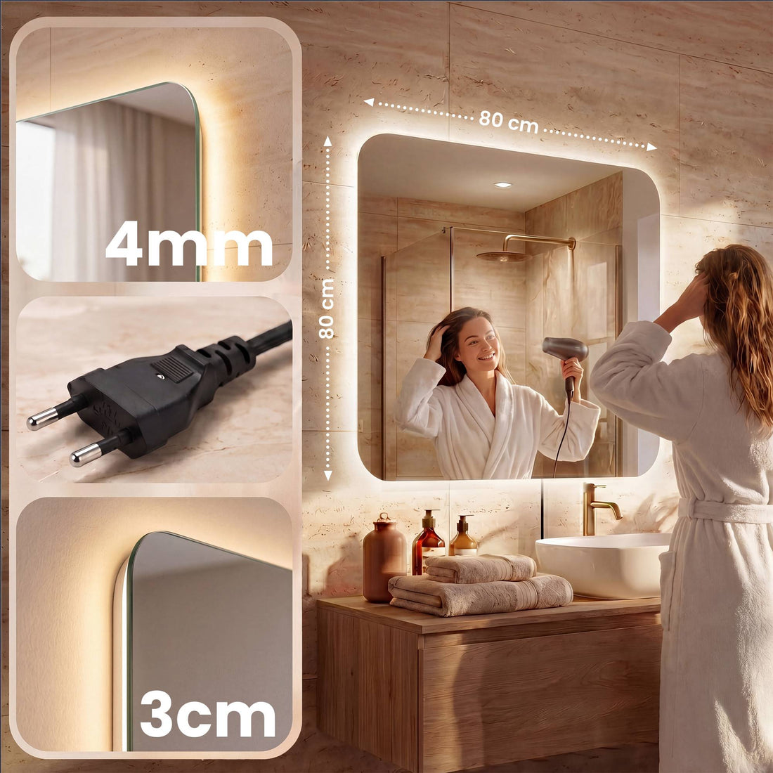 Badezimmerspiegel mit Beleuchtung Palmiro | Farbe: transparent/Glas | Abmessungen: 80x3x80 cm