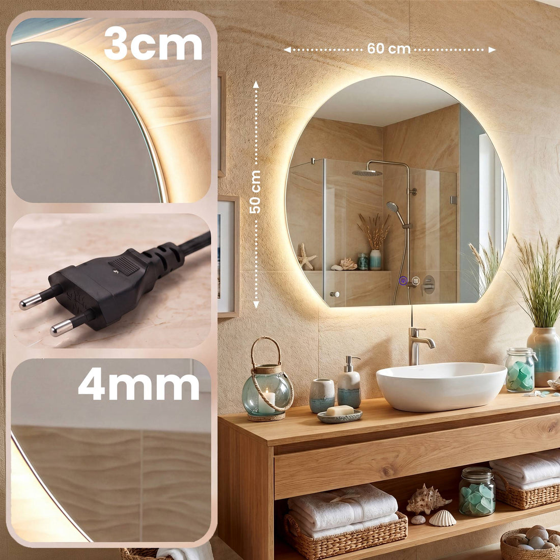 Badezimmerspiegel Baloni - Halbrunder LED-Spiegel | Farbe: klar/Glas | Abmessungen: 60x3x50 cm