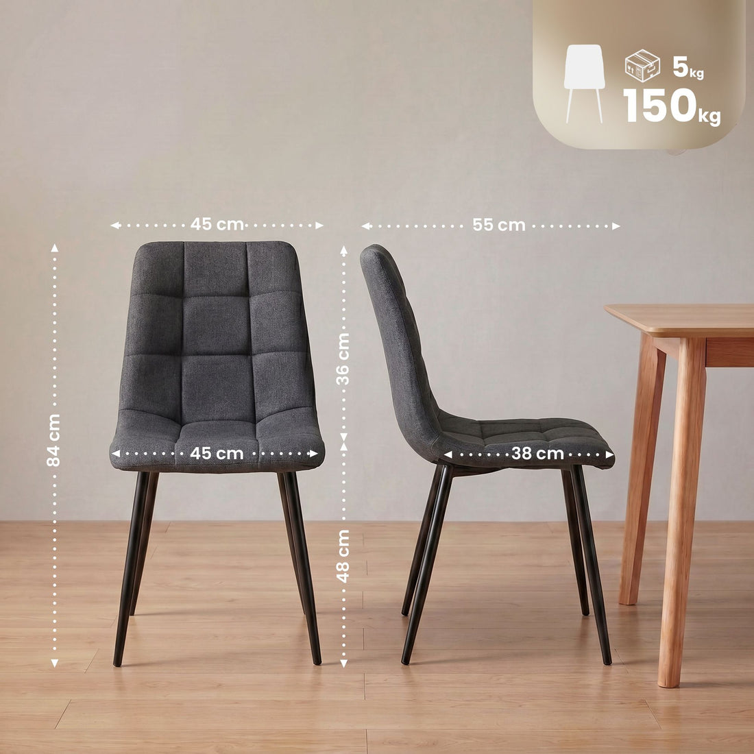 4 eetkamerstoelen Asti - Stof | Kleur: Donkergrijs | Afmetingen: 45x55x84 cm