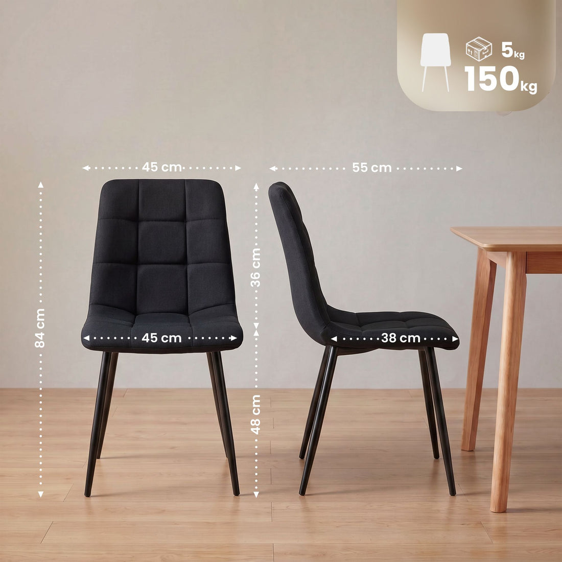 Set van 4 eetkamerstoelen Asti - Stoffen bekleding | Kleur: zwart | Afmetingen: 45x55x84 cm